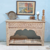 Indian Mehrab Hand Carved Solid Wood Console Table 150X40X91 Cm Bleach
